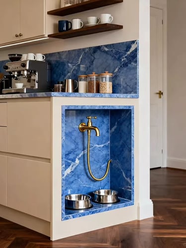 Modern kitchen pet feeding area with stainless steel bowls, blue tile backsplash and a built-in wate