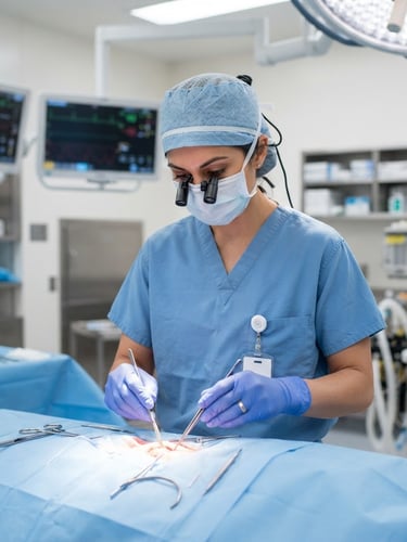Surgeon in pristine medical blue scrubs, focused and professional in a modern operating room, bright clinical studio light, sharp focus, 50mm lens, neutral tones, medium shot.