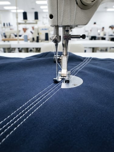 Wide shot of a clean, brightly lit garment production facility, focus on a precise double-needle stitching process on navy blue medical scrub fabric, high-key studio light, sharp macro detail, 50mm.