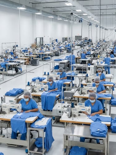 Wide panoramic shot of a modern, brightly lit medical apparel stitching floor, rows of automated sewing machines, skilled technicians in pristine scrubs overseeing operations, sharp focus, medical blue and neutral tones, 50mm lens.