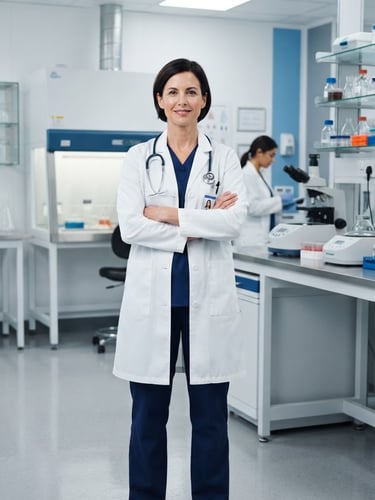 A doctor in a pristine white lab coat, standing confidently in a modern, sterile laboratory environment, bright clinical studio light, sharp focus, medical blue and neutral tones, 50mm lens, professional and authoritative