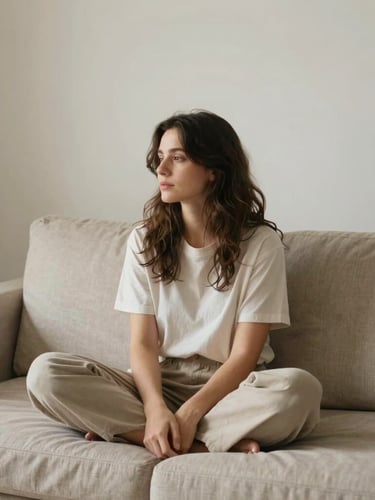 Mulher sentada em um sofá limpo e minimalista, olhando para um espaço organizado com luz natural suave, transmitindo calma e alívio. O foco está na sensação de paz, não na bagunça.