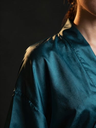 Extreme close-up of a model's shoulder draped in liquid silk fabric, deep teal color grading with warm amber backlight rimming the edge, shot in cinemascope 2.39:1 ratio, near-black shadows, fashion editorial framing with generous negative space to the left