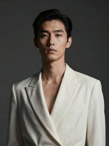 Tall portrait-oriented fashion film frame — model in structured monochrome garment, single overhead key light sculpting sharp shadows on cheekbone and collarbone, deep charcoal background, color grade desaturated with slight warm cast on skin tones, 2:3 portrait ratio