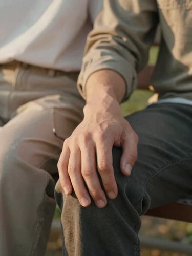 A close-up of two people in civilian clothes sitting on a wooden bench, one hand resting supportively on the other's shoulder, soft golden hour light, shallow depth of field.