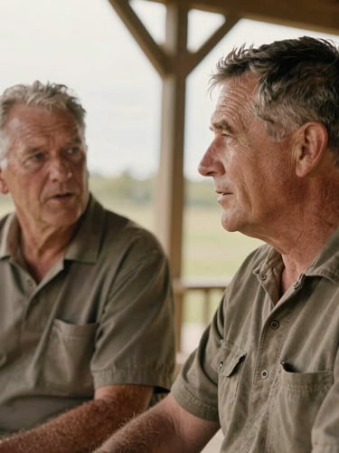 Close-up portrait of two veterans in civilian clothes talking on a wooden porch, soft natural overcast daylight, warm earthy tones, shallow depth of field