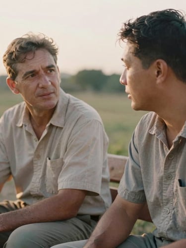 Close-up portrait of two veterans in civilian clothes sitting on a wooden bench outdoors, talking quietly during golden hour, soft focus background, warm 35mm film style.