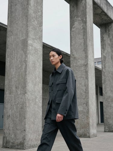 Low-angle shot of a model walking past concrete brutalist pillars, wearing a structured charcoal jacket, overcast daylight, desaturated cool tones
