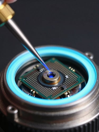 Extreme macro photograph of an ultra-miniature laser beam scanning engine, sharp cyan rim lighting on sub-millimeter silicon components, dark background