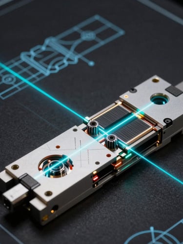 Technical CAD orthographic schematic of a sub-millimeter laser beam scanning module, crisp cyan vector lines on a deep black background, high-precision engineering blueprint.