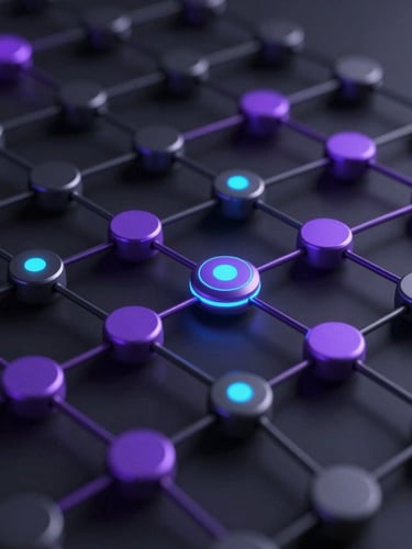 Sleek 3D render of a complex data pipeline with glowing violet and cyan nodes, ultra-sharp macro focus, moody low-key studio lighting, deep obsidian tones.