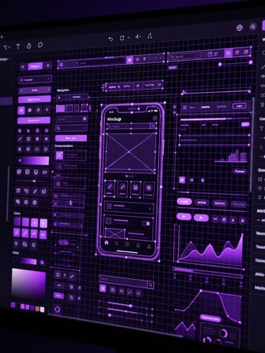 Close-up of a high-contrast digital design workspace, glowing purple interface elements on a dark screen, sharp vector grids, 16:9 crop