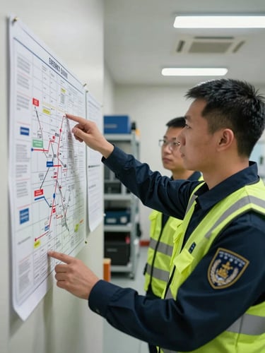 Close environmental shot inside a real facility training room — two brigade members in work vests examining laminated emergency response maps pinned to a wall, hands pointing at evacuation routes, overhead fluorescent lighting, documentary framing with visible equipment racks in background
