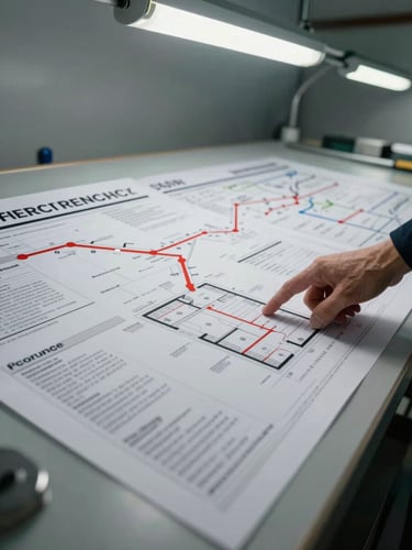 Wide shot looking down at a large facility emergency plan document spread across an industrial table, evacuation route diagrams visible, a hand pointing at a floor plan section, working fluorescent overhead light, documentary framing