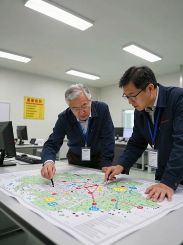 Wide environmental shot inside an active facility operations room, two professionals reviewing a printed risk assessment map spread across a table under overhead fluorescent lighting, emergency signage visible on the wall in the background, documentary framing