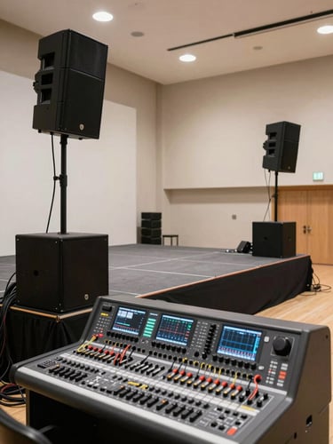 Wide environmental shot of a professional sound rig fully installed inside a corporate event hall — speaker towers flanking a stage, cables neatly run, mixing desk in foreground, neutral studio-bright lighting, no people, gear in working position