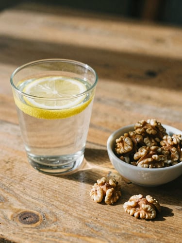 A glass of water with fresh lemon slices next to a small bowl of walnuts on a rustic wooden table, soft morning sun casting long shadows, warm editorial photography