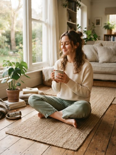 A serene woman sitting cross-legged on a yoga mat in a sunlit living room, holding a ceramic mug, soft morning light filtering through a window, warm editorial photography.