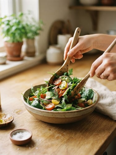 Hands preparing a vibrant salad with fresh greens, cherry tomatoes, and olive oil on an oat-colored kitchen counter, soft morning light, warm editorial style, 35mm film look