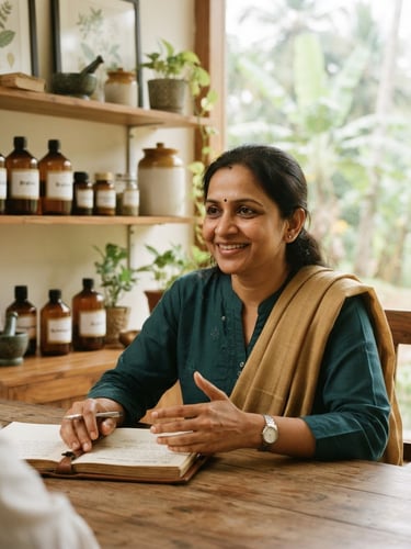Warm professional portrait of an Ayurvedic doctor in a clean modern clinic, soft natural daylight, shallow depth of field, 35mm.