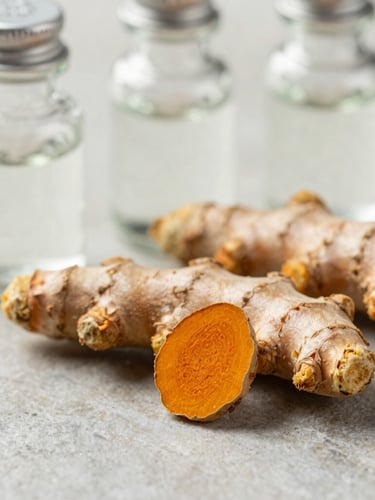 Macro shot of raw whole turmeric root and clean glass apothecary jars on a sterile stone surface, soft diffused daylight, shallow depth of field.