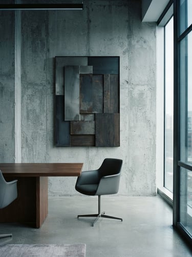Muted B2B editorial photography of a concrete boardroom wall with soft natural window light, desaturated cool tones, architectural framing, 35mm
