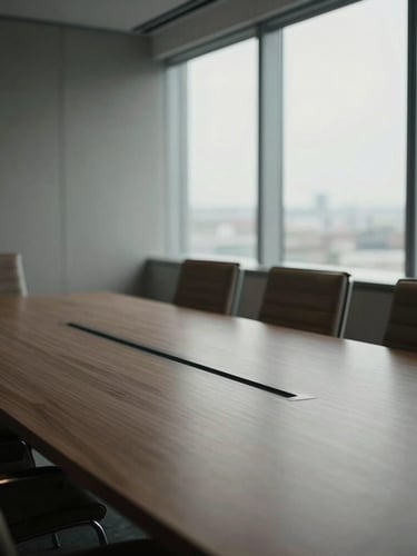 Muted editorial B2B photography, architectural crop of a modern boardroom table and leather chairs, directional window light, low color saturation, 35mm.