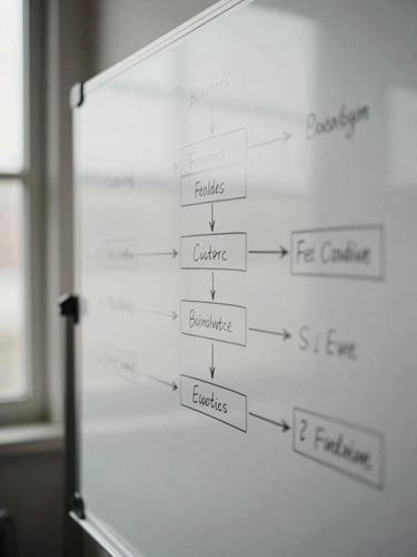 Close-up of a physical ledger and structured whiteboard with hand-drawn process diagrams, soft directional natural daylight, desaturated tones