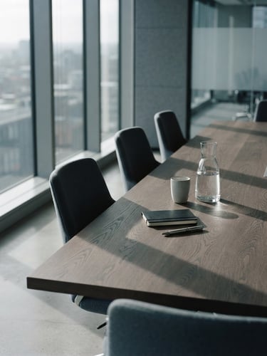 Architectural crop of a modern boardroom table with soft directional natural daylight casting long shadows, desaturated cool tones, 35mm