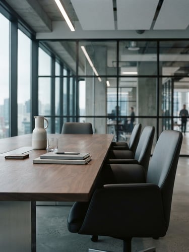 Architectural crop of a modern boardroom table, soft directional natural daylight, desaturated cool tones, 35mm