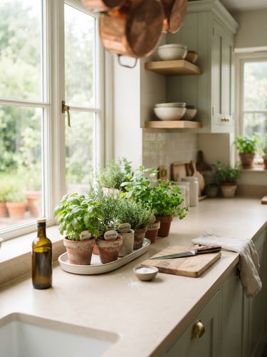 Bright organized kitchen with natural morning sunlight streaming through a window, clean beige countertops, fresh herbs in small pots, soft sage tones, editorial food photography