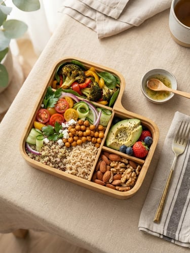 Bright editorial food photography, overhead flatlay of a colorful prepared healthy lunchbox with grains and fresh vegetables on a warm beige table, soft morning light