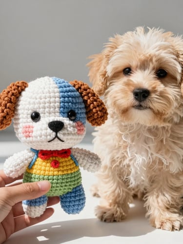 Vibrant editorial photography of a hand holding a custom crocheted amigurumi dog next to a real fluffy puppy, bright natural daylight, colorful yarn textures, soft shadows, shallow depth of field, 35mm