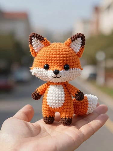 A close-up of a hand holding a tiny, beautifully detailed crocheted orange fox amigurumi, bright natural daylight, colorful yarn textures, soft shadows, 35mm