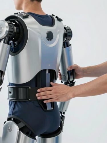 A patient in a clinical gym wearing a sleek robotic exoskeleton, guided by a physical therapist, soft clinical daylight, professional focus