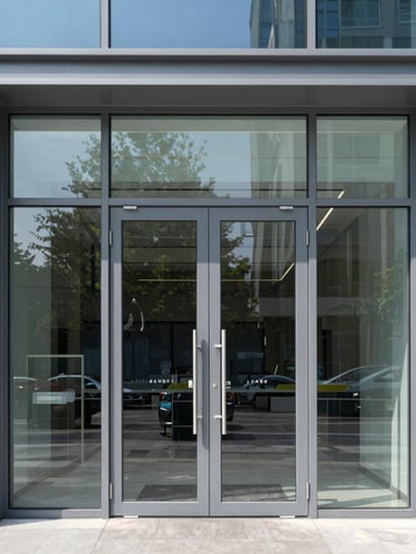 Sharp architectural photo of a modern glass commercial entrance with clean slate gray framing, bright daylight, 35mm