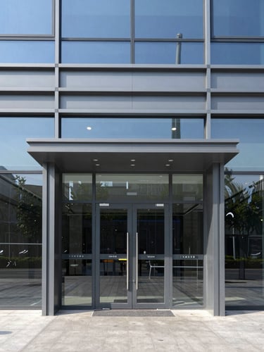Sharp architectural photography of a modern commercial glass entrance, bright clean daylight, cool blue and slate gray tones, high-contrast detail, 35mm