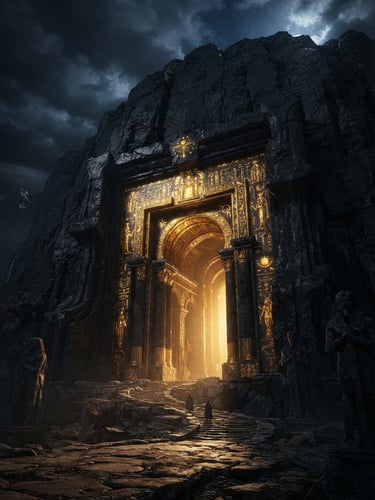 Dramatic low-key cinematic concept art of a colossal golden temple portal carved into dark obsidian stone, glowing warm light from within, 8k resolution