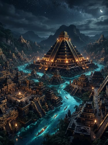 Wide panoramic shot of an ancient Mesoamerican city built from obsidian and gold, glowing bioluminescent rivers, dramatic low-key lighting, cinematic concept art