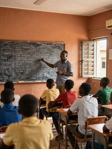 Wide shot from inside a Ghanaian classroom, a teacher standing at the front gesturing toward a chalkboard covered in lesson notes, a group of attentive students visible mid-frame, natural daylight streaming through open louvred windows on the right side, warm ochre walls, real teaching moment mid-instruction