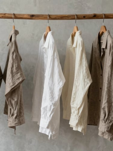 Minimalist linen garments in warm taupe and cream white hanging on a raw wooden dowel against a soft stone grey plaster wall, diffused daylight.