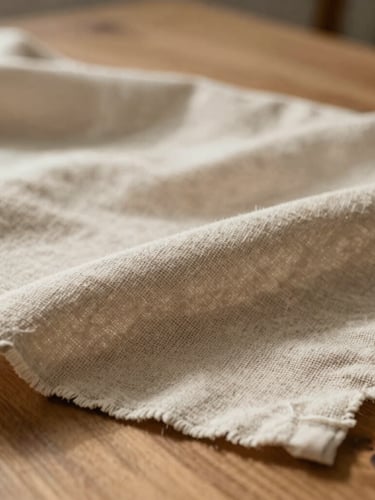 Macro close-up of heavy linen-blend fabric on a wooden table, soft-focus studio daylight casting gentle shadows, warm beige tones.