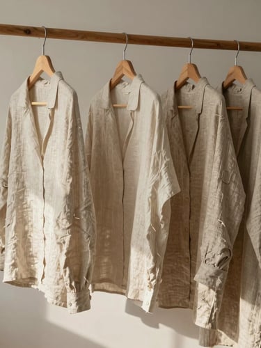 Minimalist linen garments hanging on raw wooden dowels in a sunlit studio, soft diffused daylight casting gentle shadows, warm neutral tones
