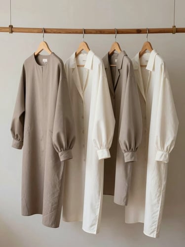 Minimalist women's garments in soft taupe and cream white hanging on raw wooden dowels against a neutral plaster wall.