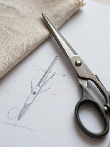 Macro overhead shot of hand-drawn pencil markings on pattern-drafting paper, raw linen fabric swatch resting beside heavy steel tailor shears, soft natural daylight.