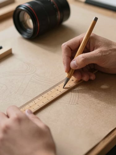 A close-up of hands using a wooden ruler to draft patterns on heavy kraft paper, soft diffused morning light casting gentle shadows across the workspace.