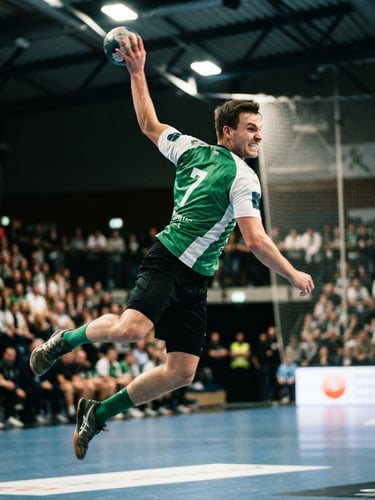 Dynamic close-up of a handball player in a green jersey leaping to shoot, high-contrast indoor arena lighting, intense determination, action freeze-frame, 35mm