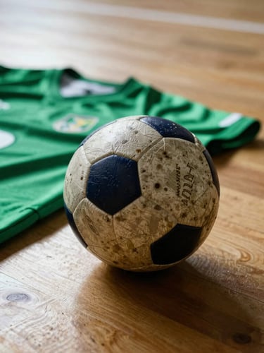 Dynamic close-up of a vintage handball leather ball resting on a wooden gym floor, green and white team jersey folded nearby, soft dramatic window light, high-contrast athletic editorial