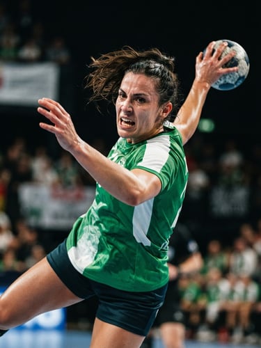 Dynamic close-up of a handball player in a green and white jersey, sweat and determination on their face, high-contrast indoor arena lighting, 35mm.
