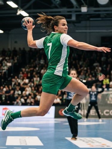 Dynamic close-up of a handball player in a green and white jersey leaping to shoot, intense focus, high-contrast indoor sports hall lighting, 35mm